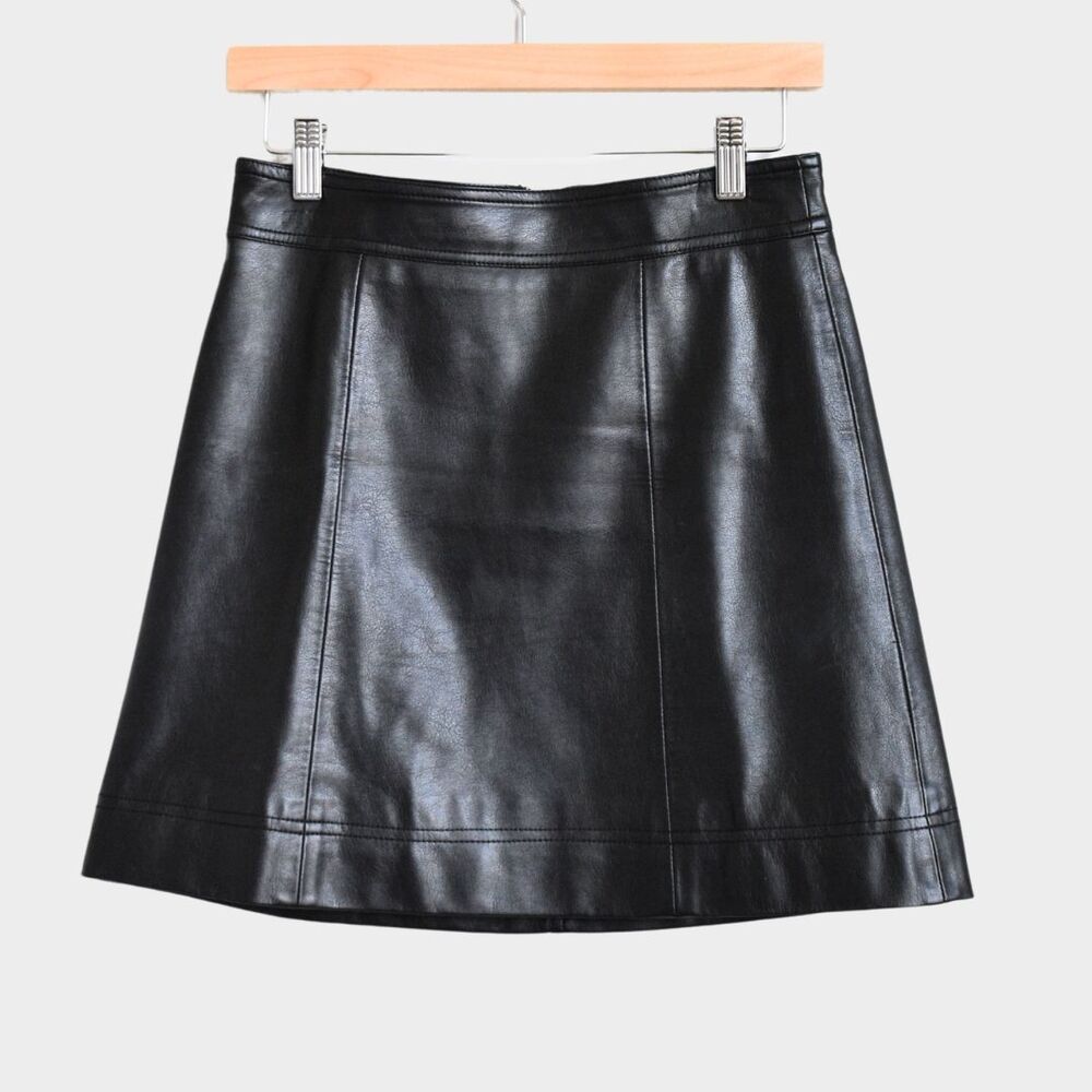 J.CREW Mercantile Black Faux Leather A-Line Mini Skirt Lined Size 0 - Picture 2 of 7